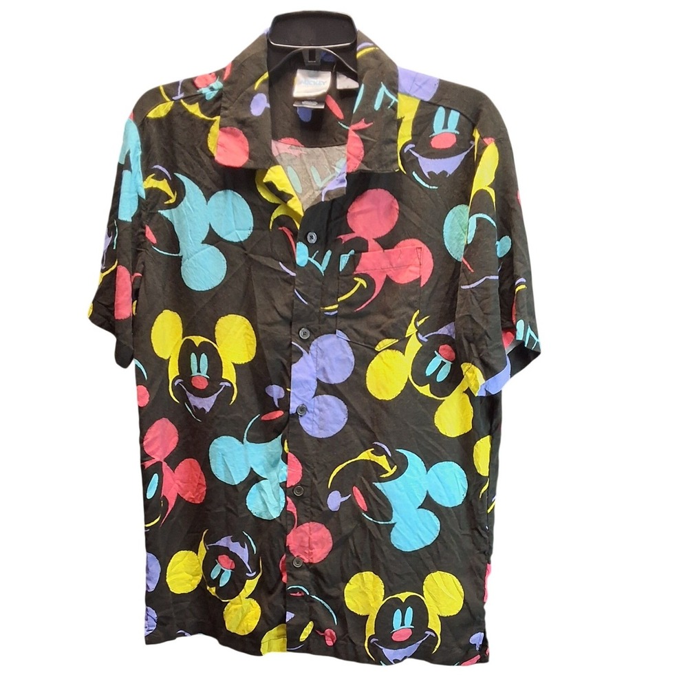 Disney Mickey and Friends Mens Neon All‎ Over Print Rayon Button Down Shirt SM